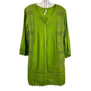Monoreno Womens Pleated Lace Button Up Tunic Top Green Size Large 3/4 Sleeve